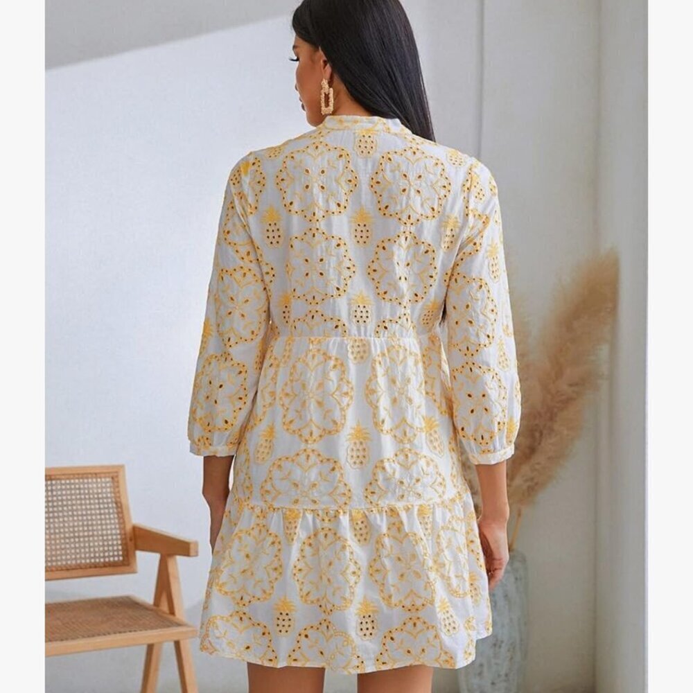 Yellow Babydoll Eyelet Floral Embroidered Dress Festival Boho Hippie Small - Picture 3 of 11